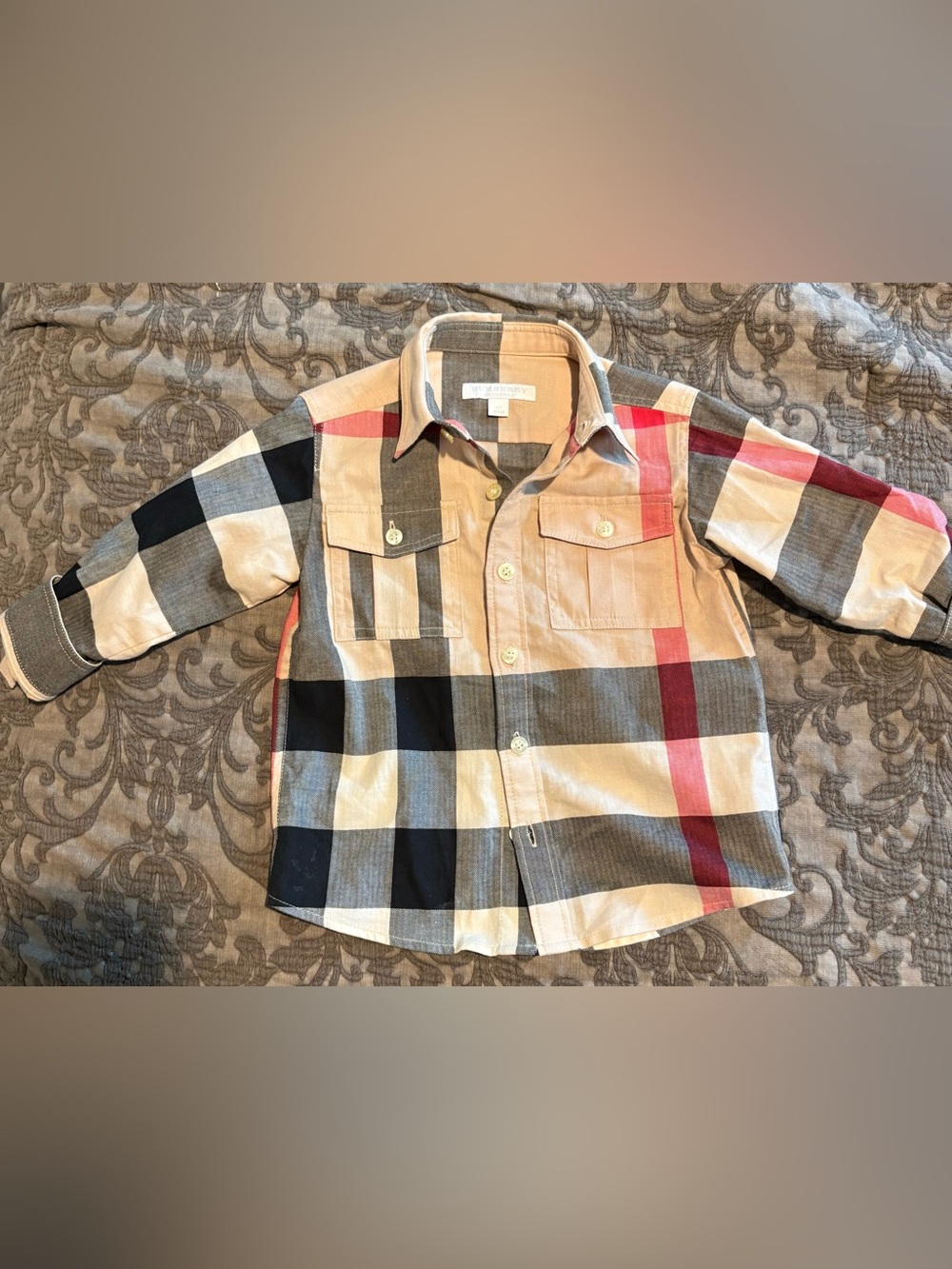 Kids Burberry Plaid Button-Down Shirt in Beige, Black & Red Accents